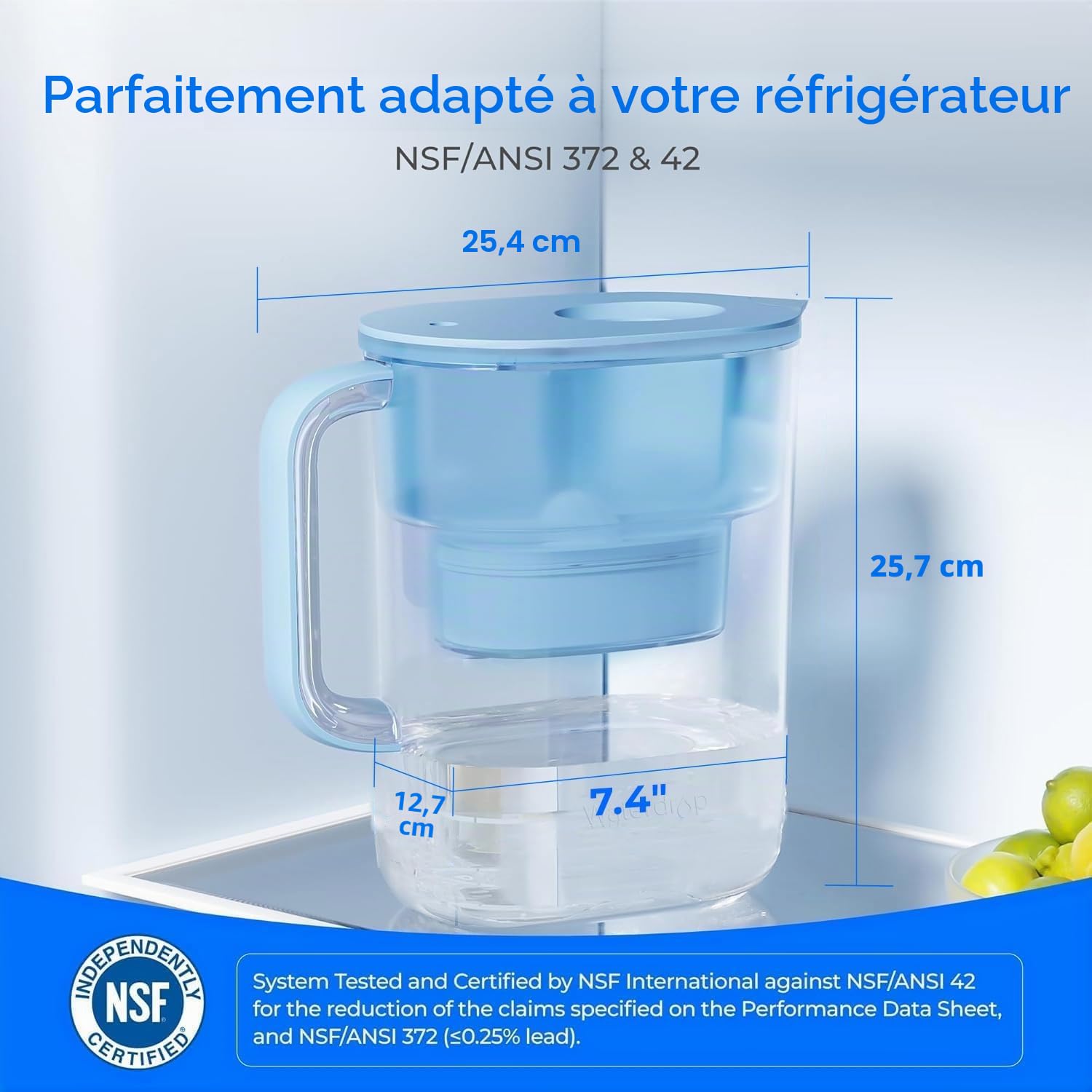 Waterdrop Lucid Carafe Filtrante d'eau avec 1×90 Jours Filtre, 3.5L, Réduit le Fluorure, le Chlore et Plus, NSF Certifiée, sans BPA, Bleu (Filtre Remplaçable: WD-PF-01A Plus)