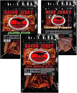 Carnivore Candy Jalapeno Bacon, Honey Pepper Bacon, Sriracha Bacon Variety Pack - Irresistible Gourmet Flavored Bacon Jerky Delights Jurassic Jerky with Amazing Taste, high protein content - (3) 2oz bag