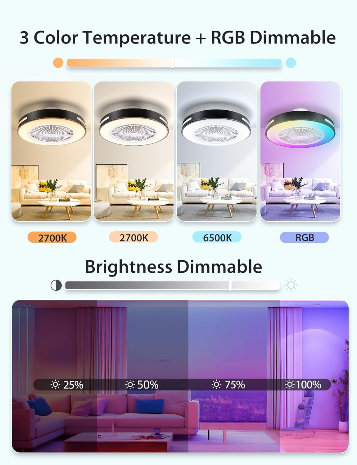 Examples of 3 color temperatures and RGB dimmable lighting