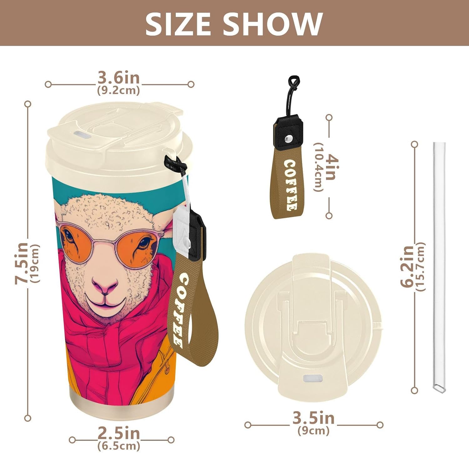Insulated Coffee Mug Sheep Sunglasses Scarf with Straw & Flip Lid, 16.9oz Iced Tumbler Cup, Double Wall Vacuum Mug for Travel Office Camping