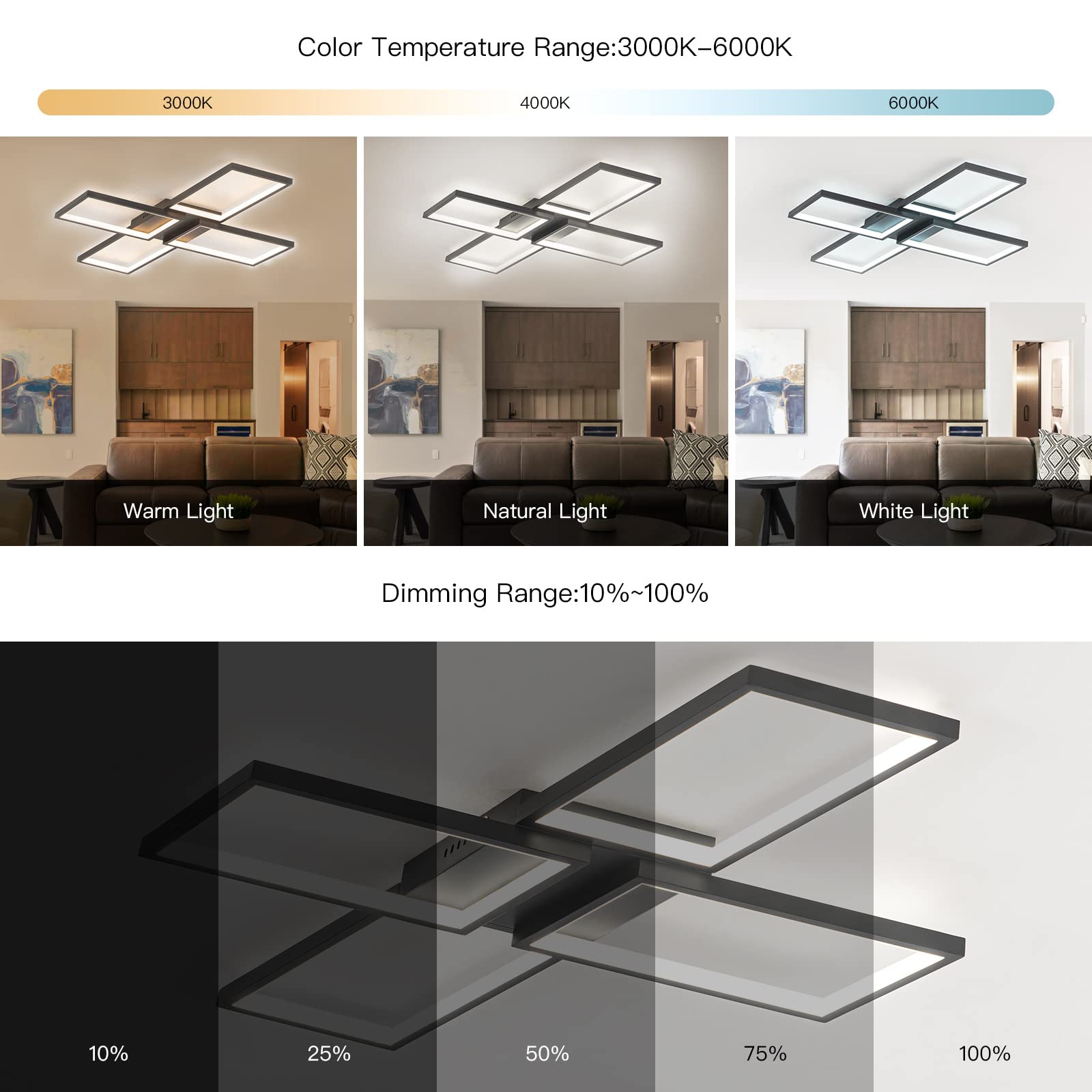CHYING Modern Ceiling Light Geometric LED Ceiling Light Fixture 50W Flush Mount Ceiling Lamp with Remote Control, for Kitchen Bedroom Living Room, 33 inch, 3000K-6000K Dimmable, Black