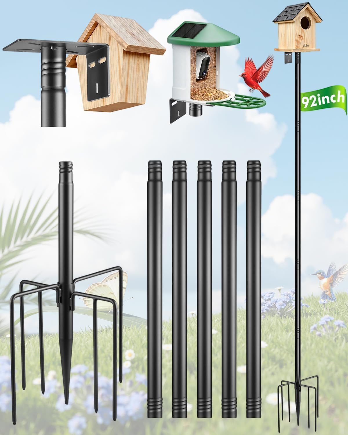 Smart Bird Feeder Pole Stand - 92 Inch Birdhouse Pole Heavy Duty Mounting Kits 7-Prong Base for Outdoor Metal Adjustable Bird Feeding Station for WildBird Watching Garden