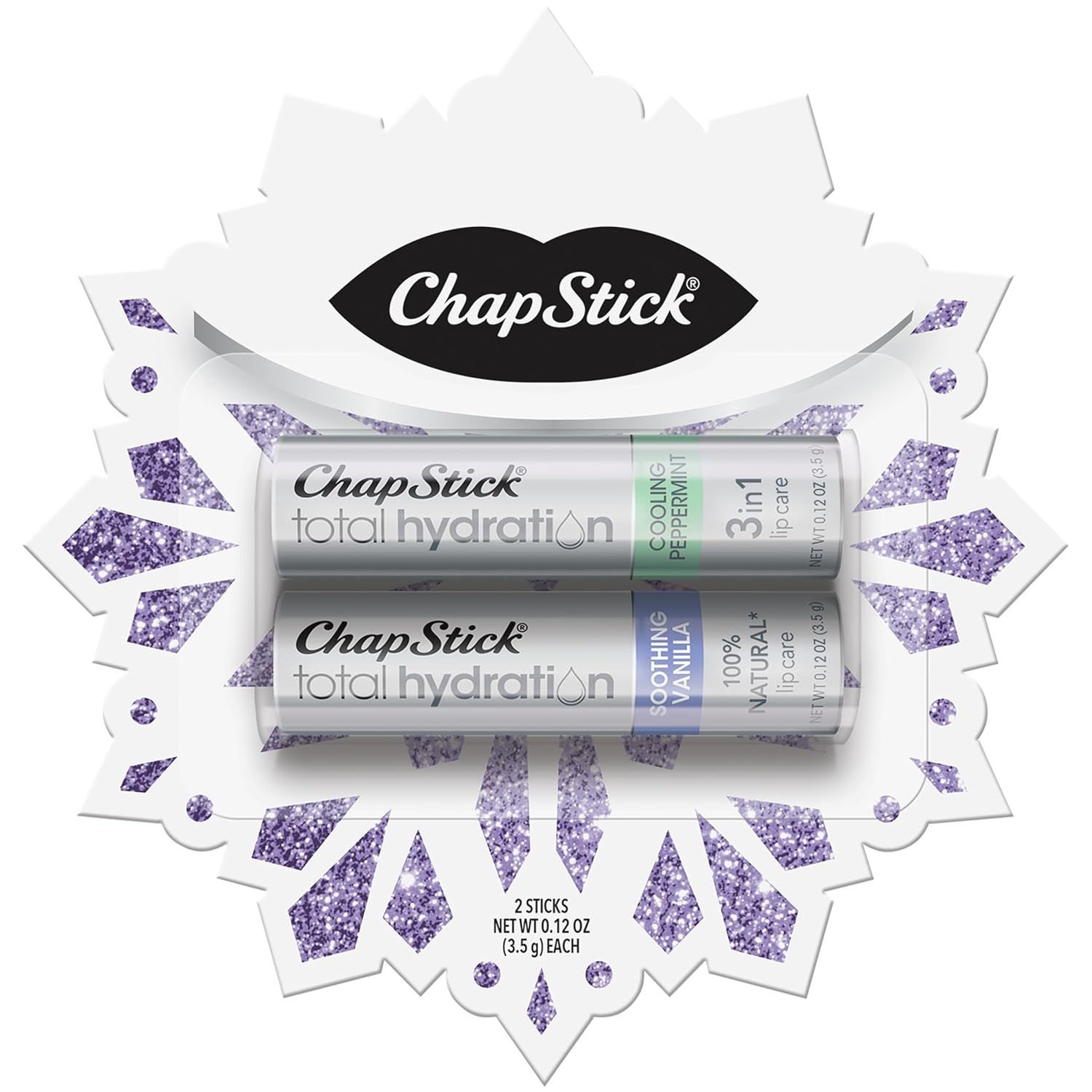 ChapStick Total Hydration Soothing Vanilla and Cooling Peppermint Lip Balm Snowflake Gift Set, Lip Care - 0.12 Oz Each
