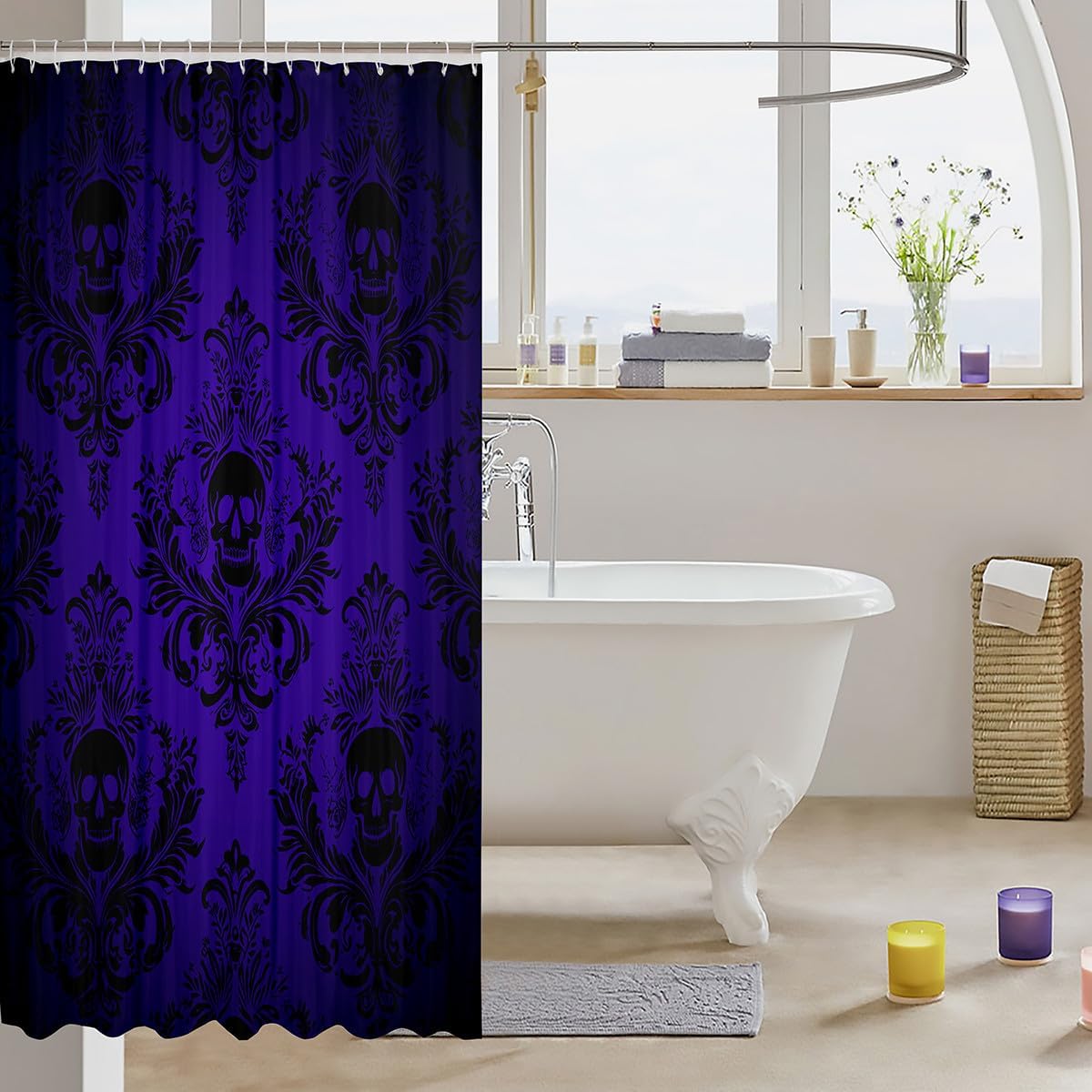 Castle Fairy Gothic Skull Bath Curtain,Purple Vintage Damask Lace Pattern Shower Curtain for Stalls,Boho Victorian Baroque Floral Waterproof Accessorieswith with 12 Hooks, 72Wx78L inch