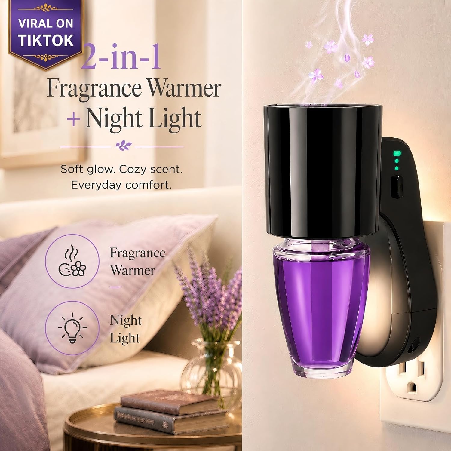 Wall Fragrance Plug with Night Light, Rotating Plug-in Scent Warmer, WallFlower Fragrance Plug in with 3 Intensity & Brightness Levels for Bedrooms, Bathrooms, Diffuser Plug for Home, 1 Pack