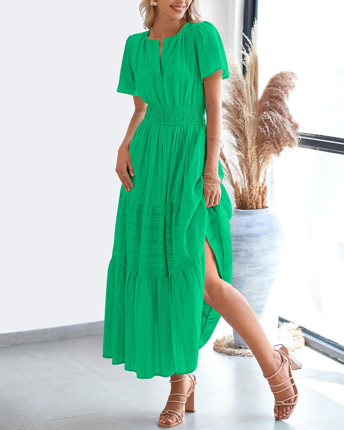 BTFBM Womens Summer 2026 Casual Midi Maxi Dresses Lightweight Short Sleeve V Neck Elastic Waist Boho Beach Dress Pockets - Image 8