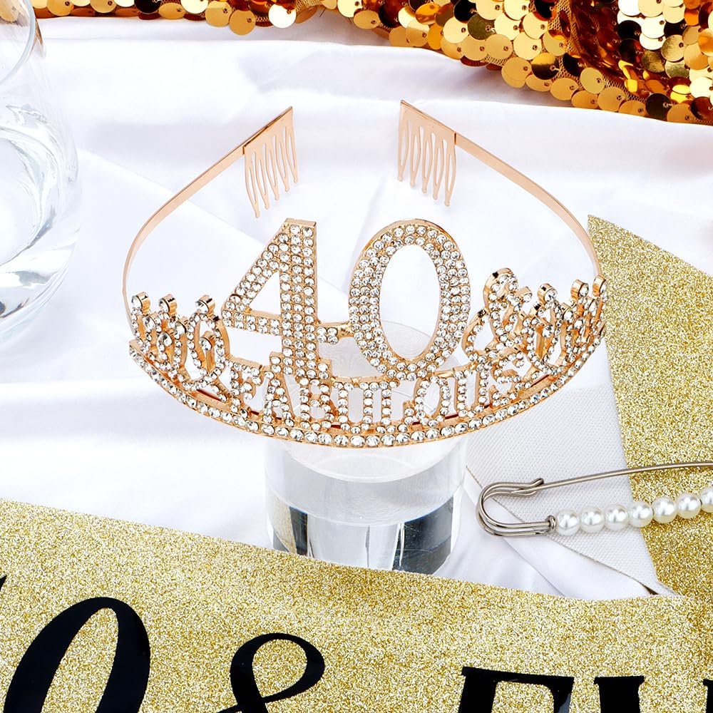 Jonvell 40 Años Corona Banda Cumpleaños Mujer Tiara Corona y Faja de Oro Rosa Cinturón de Cumpleaños Corona de Diamantes Topper per Torta di Compleanno 40 Regalo Mujer Cumpleaños Decoración