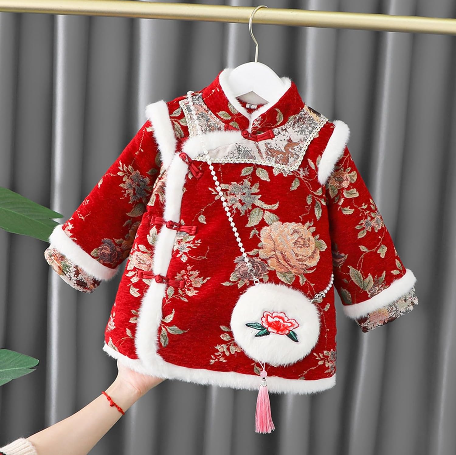 Little Girls Tang Jacket with Bag Chinese New Year Traditional Retro Toddler Infant Girls Fleece Dress Coats Thick Warm