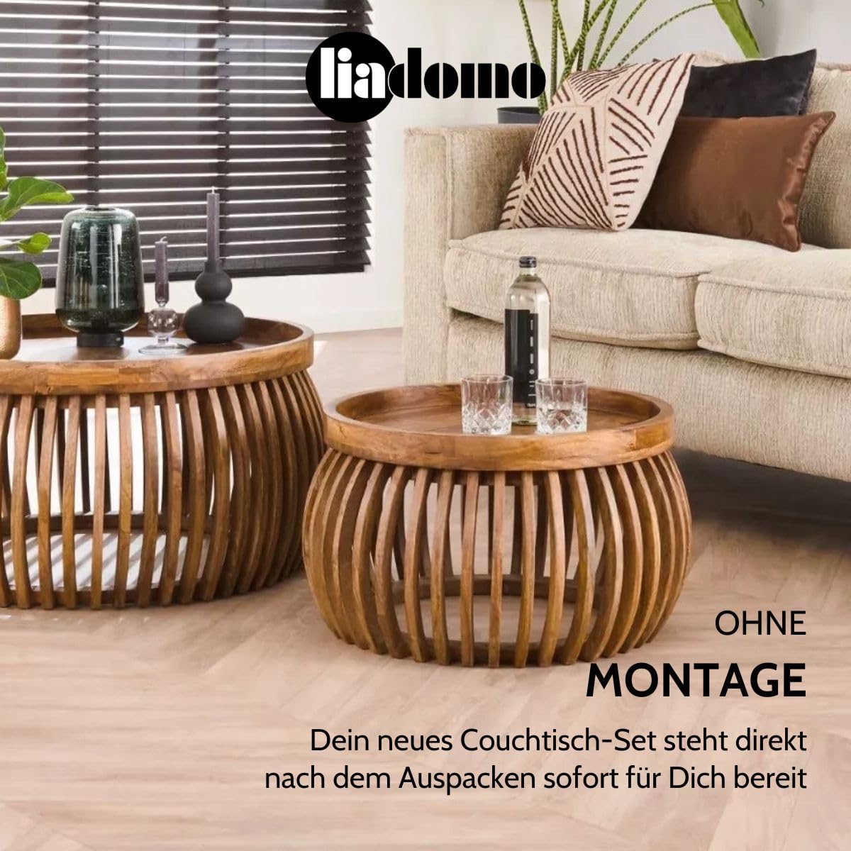 Couchtisch Laos rund 2er Set | Durchmesser 60 und 80 cm, Zweitisch Set, Mangoholz massiv, braun, runde Tischplatte, Holzstreben, erhöhter Rand