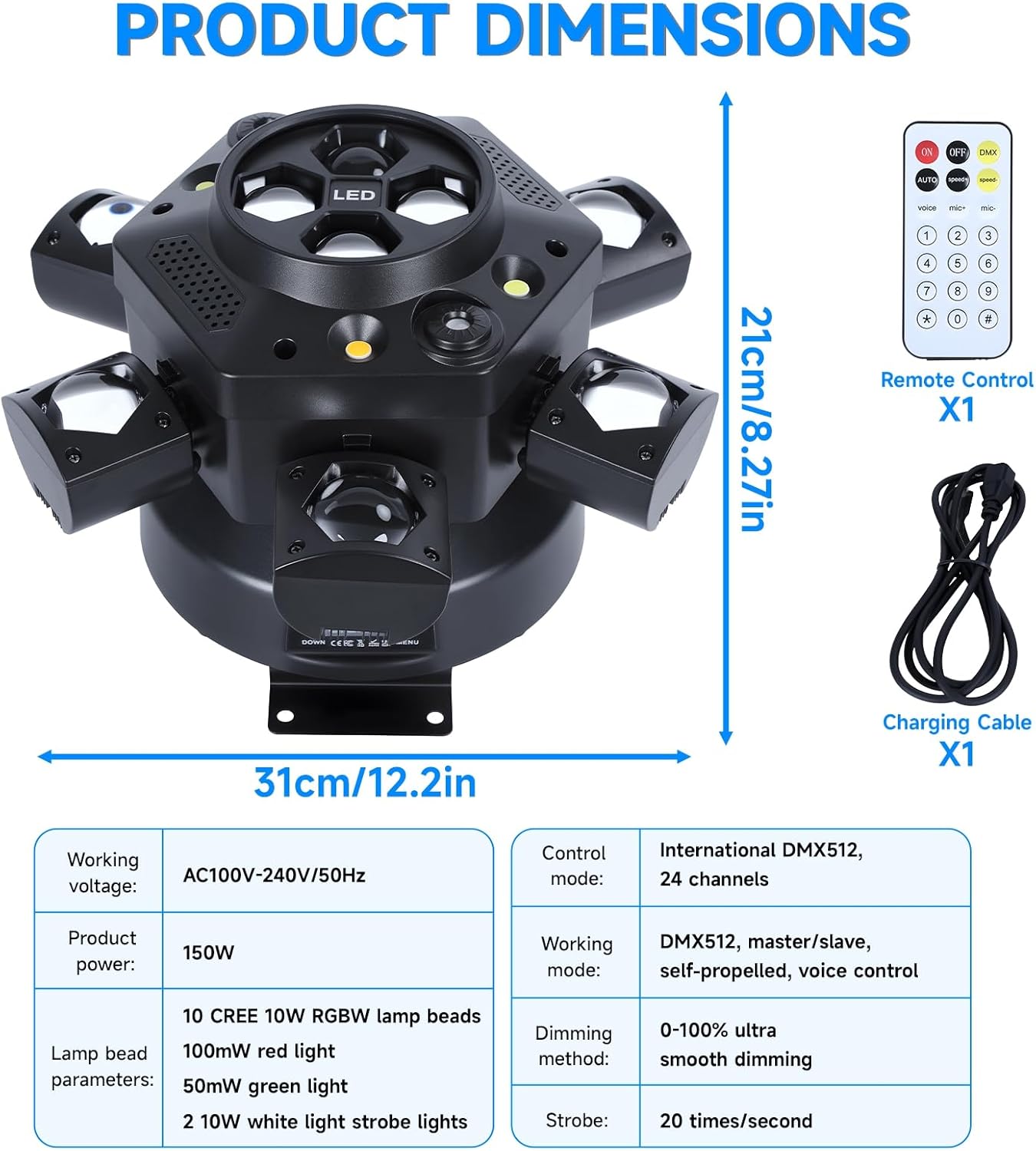 new 6-arm moving head light stage lighting effect & strobe effects,remote,dmx512,auto,sound-activated and control,540° rotation for stage/club/wedding lighting/dj party (150, watts) black us plug