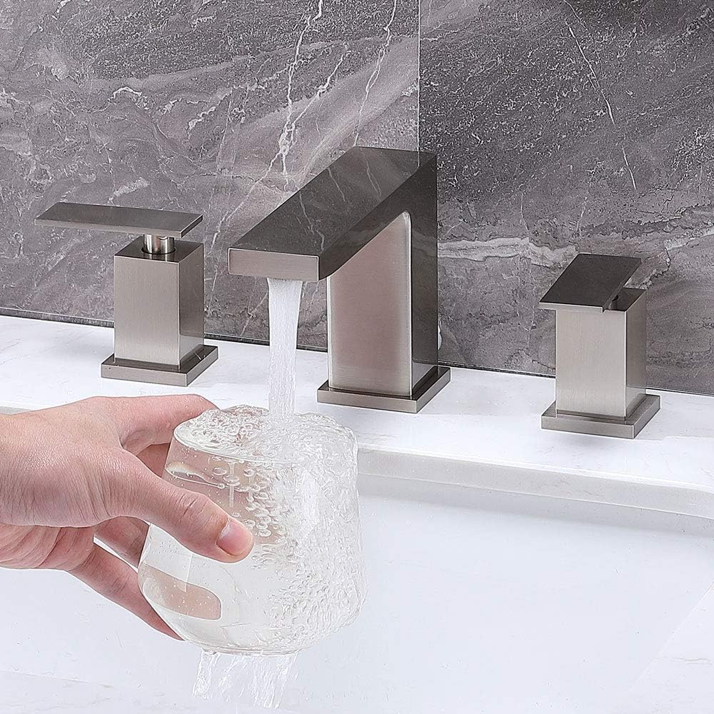 KINGO HOME Stainless Steel Widespread 3 Hole 2 Handle Brushed Nickel Bathroom Faucet, Modern Vanity Basin Sink Faucet
