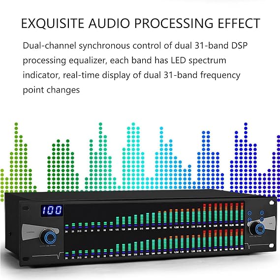 Graphic Equalizer Hifi Dual 31-band, Digital LED Music Spectrum Analyzer with 10 Preset Memory Storage, Audio Processor for Recording Studio, Home