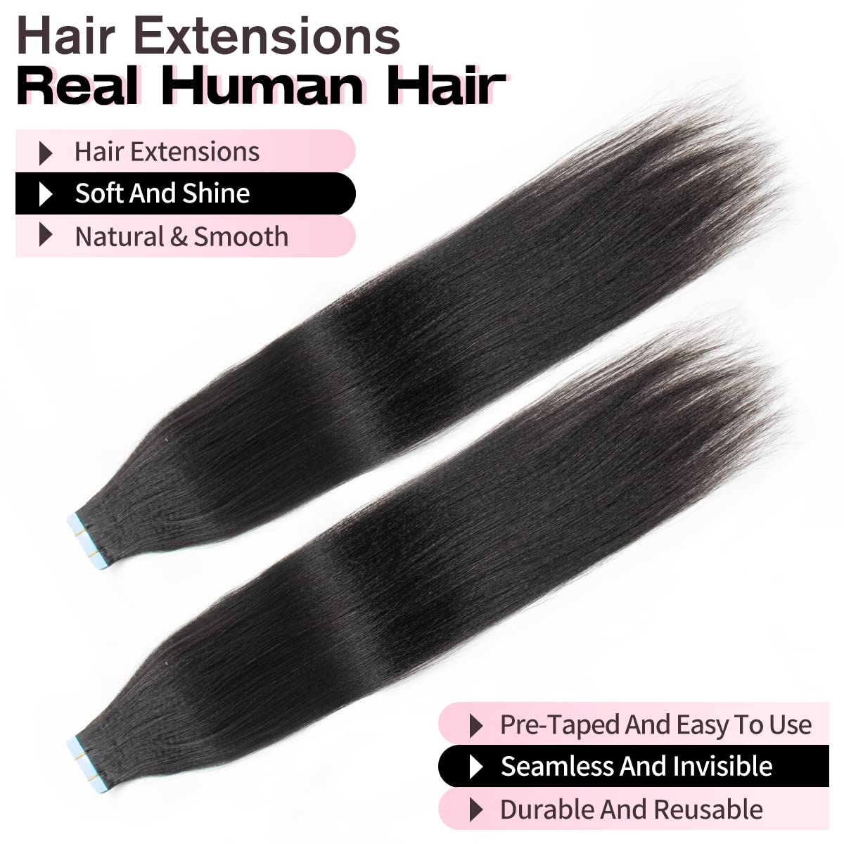 20Inch Tape In Extensions Human Hair for Black Women Yaki Straight Tape In Human Hair Extensions for Women Natural Black Invisible Remy Hair Extensions 20pcs 50g - Image 3