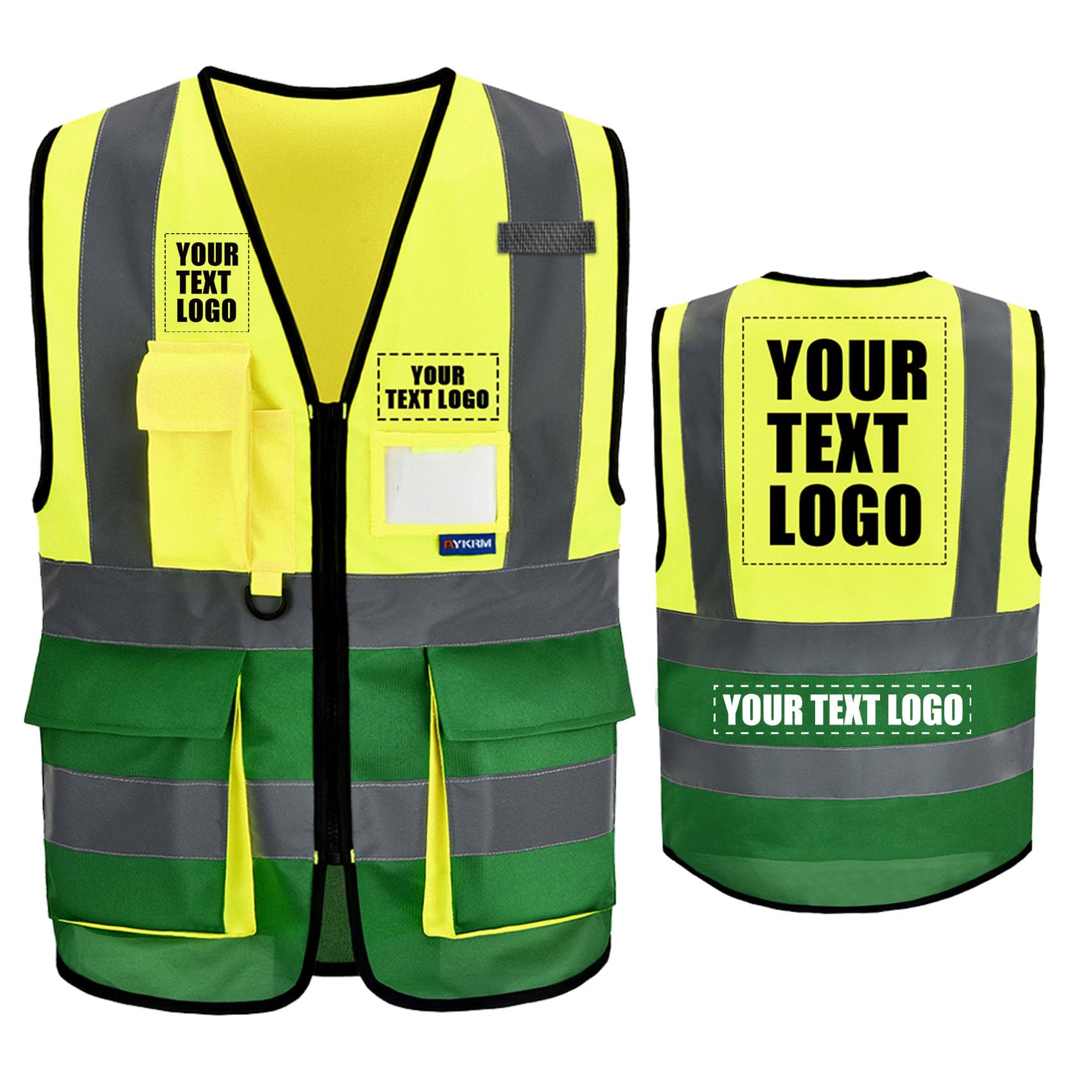 – High Visibility Zipper Front Vest, Personalised Printed Logo Class 2 Hi Vis Executive Waistcoat with Phone & ID Pockets, Unisex, High Visibility Yellow, Medium, Large, X-Large