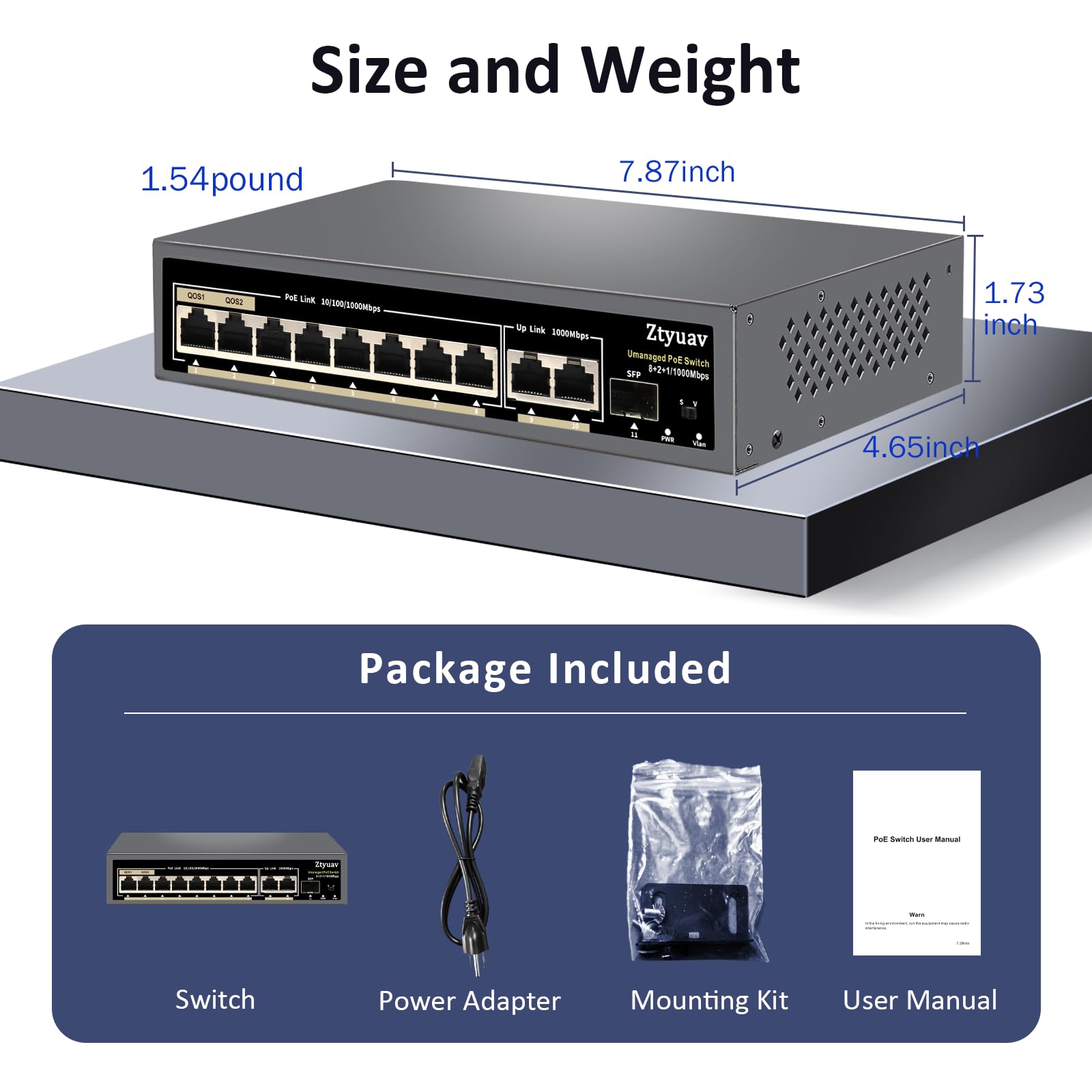 Commutateur PoE Gigabit Non géré 11 Ports Complet avec 8 Ports PoE+ à 120 W, 2 Liaisons Montantes et 1 Emplacement SFP IEEE802.3af/at, QoS, détection Automatique PD, Protection 6 KV (11)
