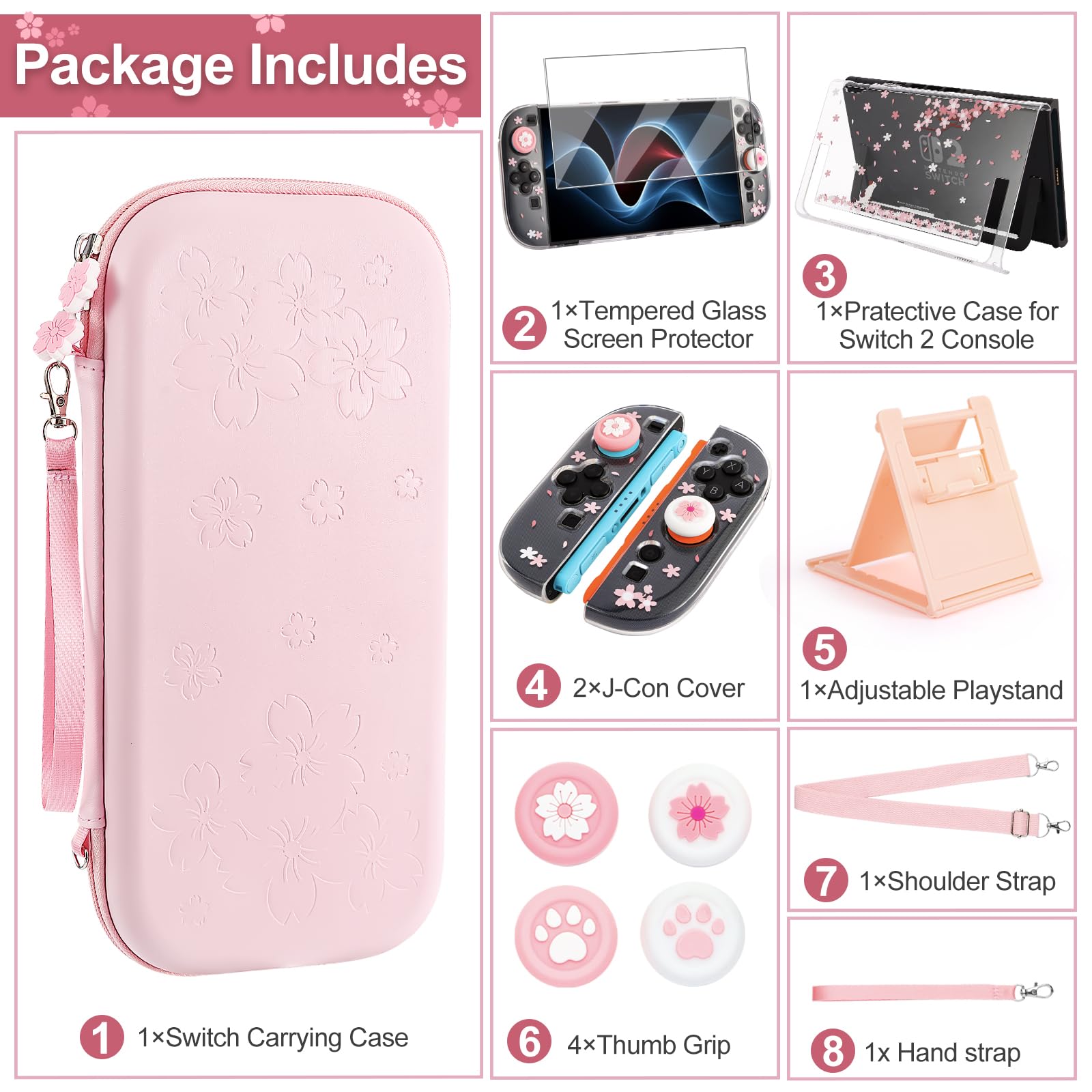 Custodia Compatibile con Nintendo Switch 2 (2025),Kit Accessori 10 in 1 Include con Switch 2 Cove,Vetro Temperato,4 tappi Thumbstick,Supporto regolabile