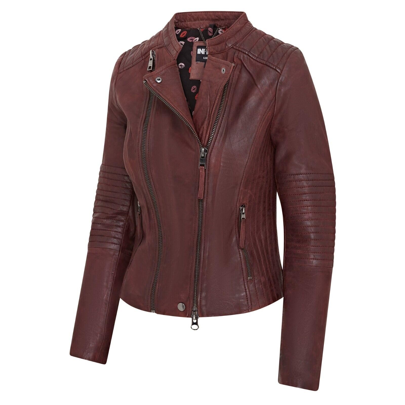 Burgunderrote Klassische Gesteppte Motorradfahrer Lederjacke Für Damen