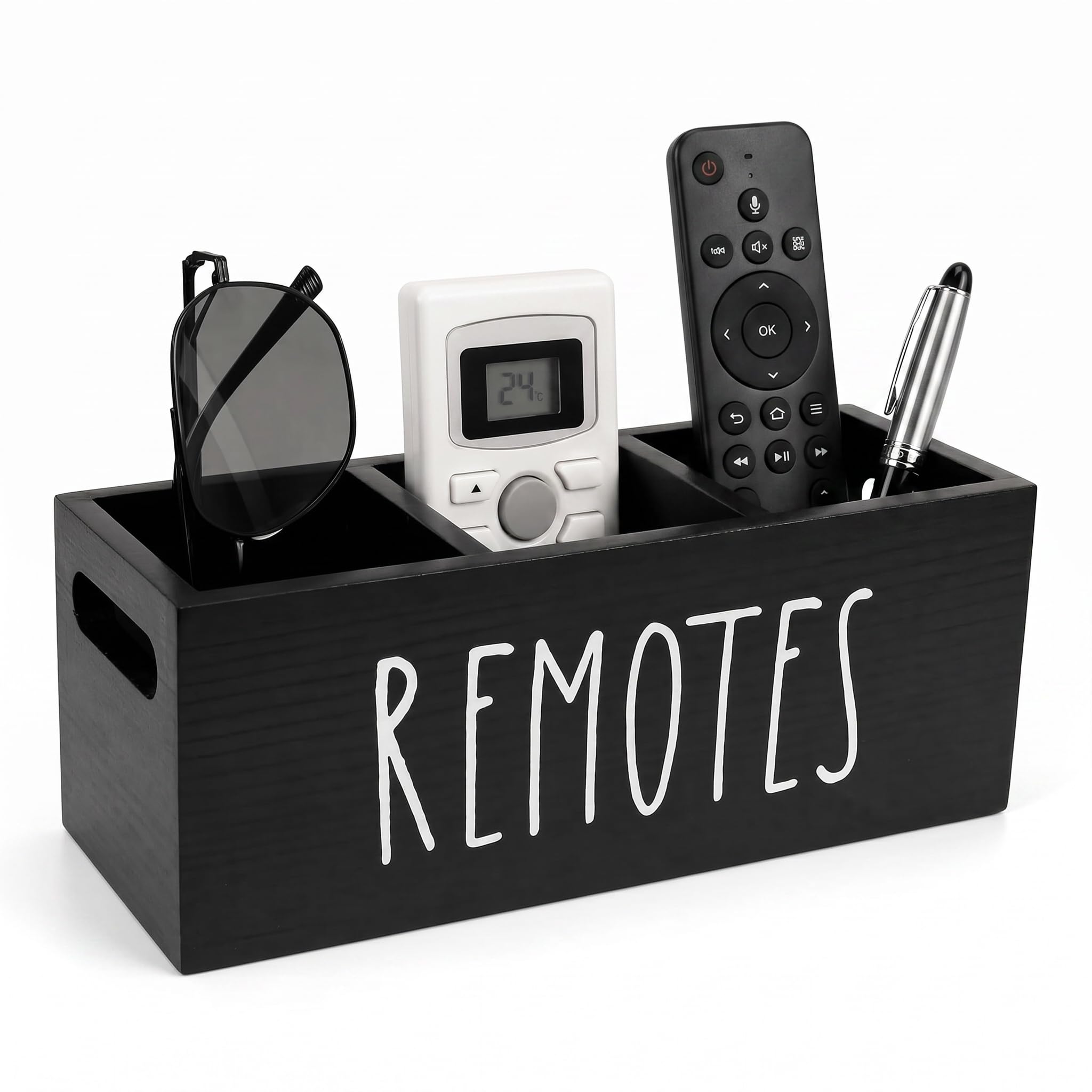 Lirynox Remote Control Holder, 3 Compartment Wooden TV Remote Holder Remotes Caddy Large Remotes Organizer TV Controller Organiser for Living Room, Bedside Table (Black)