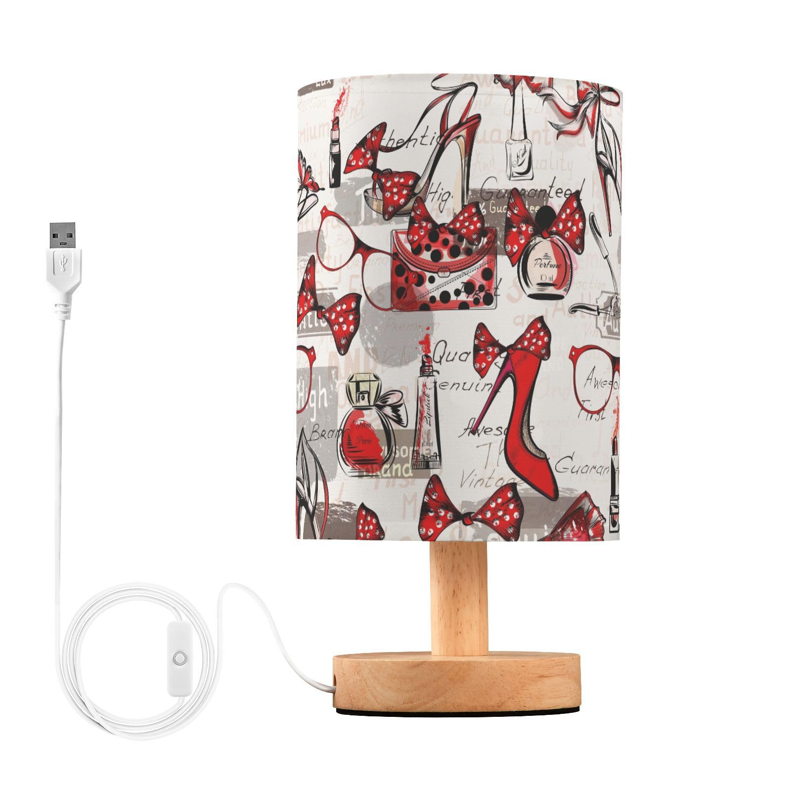 Mnsruu Bedside Lamp High Heels Glasses Bags Lipstick Perfumes Table Lamp LED Nightstand Desk Lamp USB Charging Ports Linen Fabric Shade for Bedroom Living Room Office