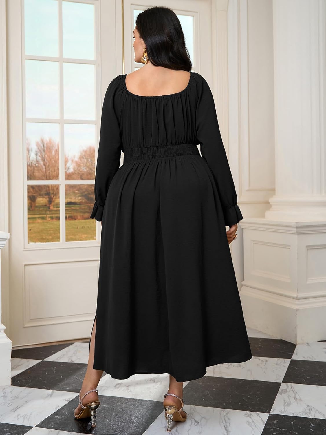 Plus Size Maxi Dresses for Curvy Women Wedding Guest Long Sleeve Square Neck Smocked Empire Waist Slit Long Dress - Image 5