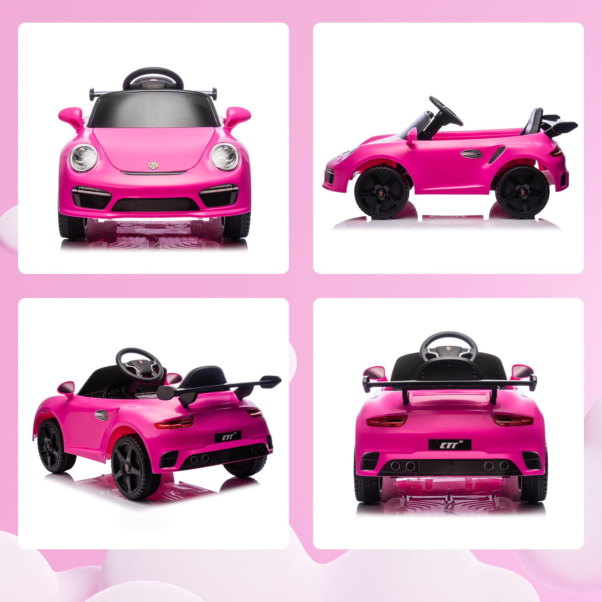 AIYAPLAY Coche Eléctrico para Niños con Licencia RUF CTR 3 Clubsport, Coche de Batería 12V, con Mando a Distancia 2,4 G, Motor Doble, Música Inalámbrica, Bocina, Ruedas Auxiliares y Faros LED, Rosa