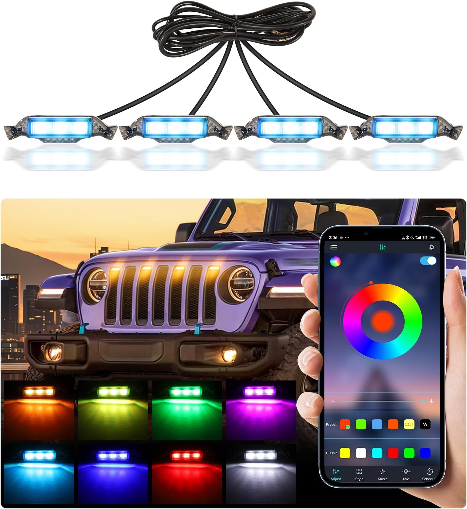 Grill Lights for Jeep Wrangler JL JLU Front Bumper Grille LED Running Marker Lamp Accessories (RGB, 2018-2023)