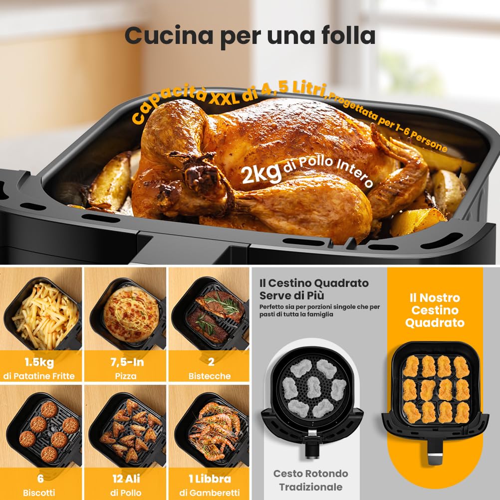 Friggitrice ad Aria Calda 4,5L Friggitrice Senza Olio XXL Air Fryer 1500W Airfryer con Timer Ricettario per 1-6 persone Senza BPA Fumo