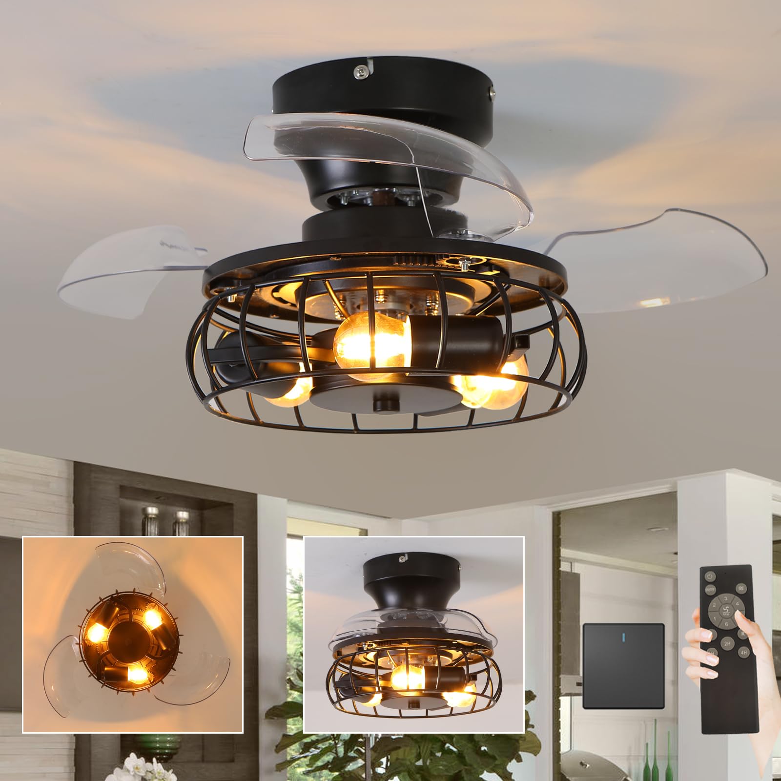 20in Jaula De Hierro Ventilador Techo Con Luz Y Mando A Distancia, Lámpara Ventilador Techo Retro Aspas Retráctiles, Ventilador Ultra Silencioso Reversible 6 Velocidades Para Dormitorio-Iron art