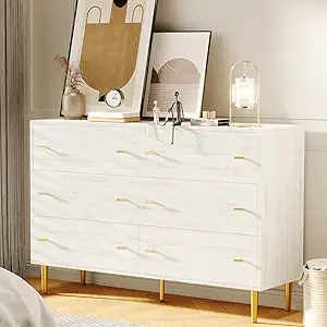Farmhouse 6 Drawers Dresser for Bedroom, 47.2" Wide White Dresser Wood Rustic Chest of Drawers with Large Drawers & Bar Handles,Natural Texture,Drawer Organizer for Living Room,Hallway and Entryway
