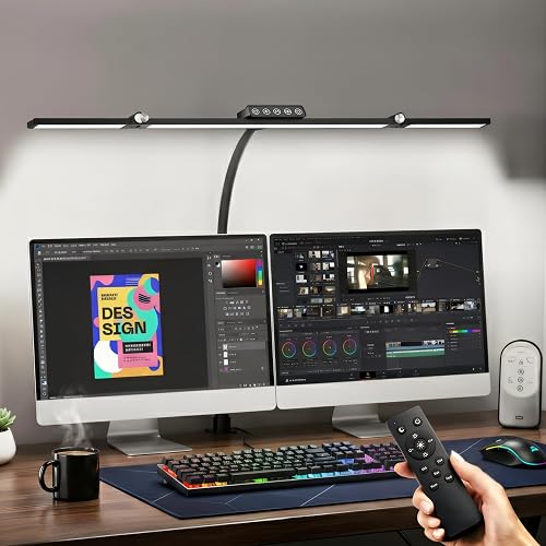 24W LED Clamp Desk Lamp, 3 Light Bars Architect Desk Light with Motion Sensor & Remote, Eye Caring Stepless Dimming Table Lamp for Home Office Study, Black