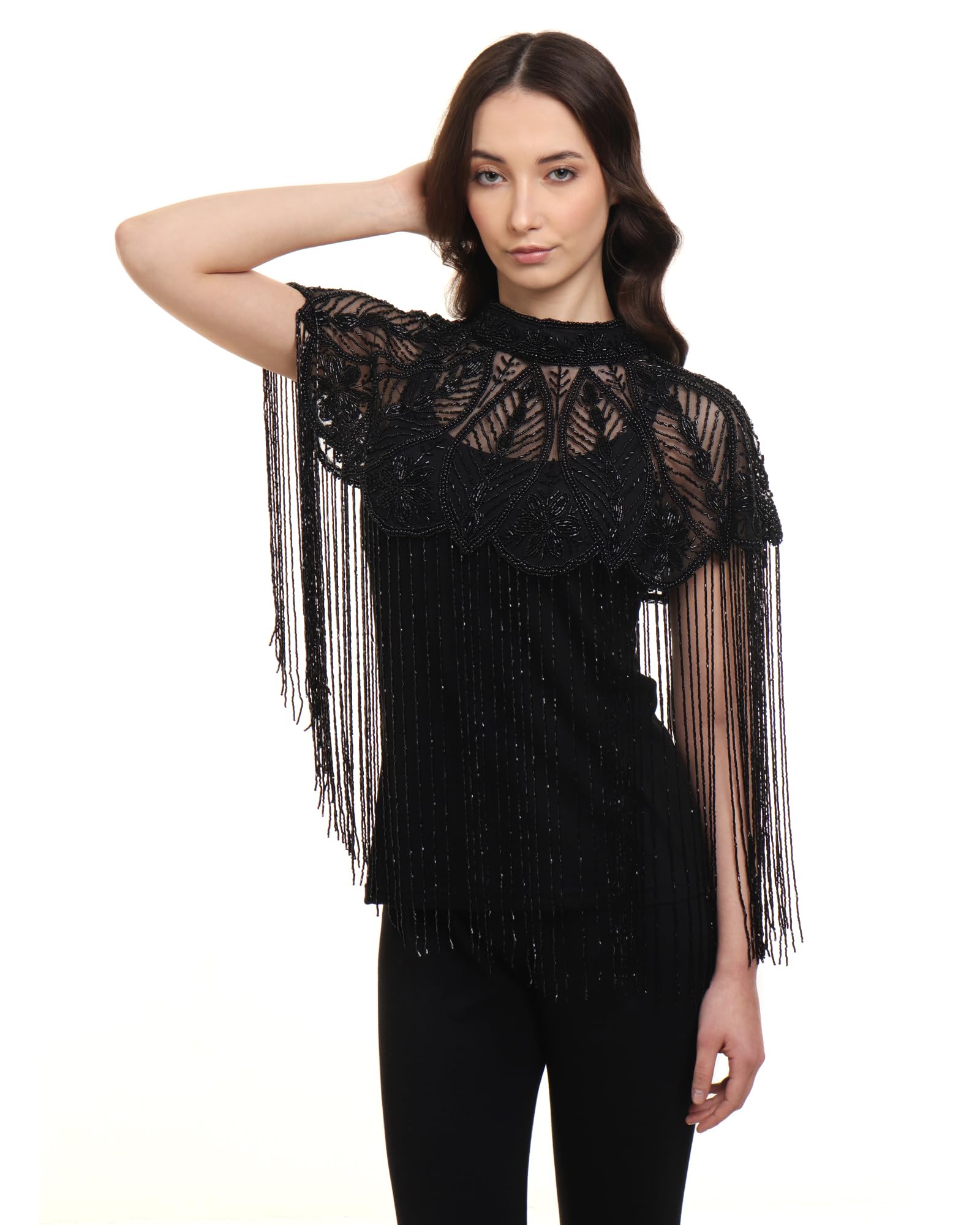 Women's Net Cape Poncho Full Embroidery Long Ponchu (IN, Alpha, Free Size, Regular, Black Golden)