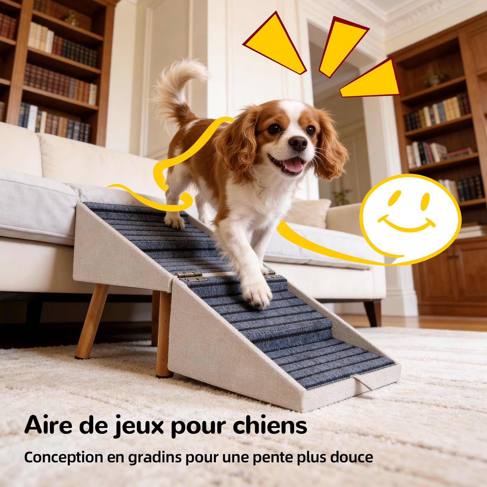 Escalier pour Chiens et Chats 2 en 1, 4 Marches Rampe et Marches pour Canapé Lit, Pente Douce Protège Articulations, Antidérapant(Abricot - 43,5 cm Haut)