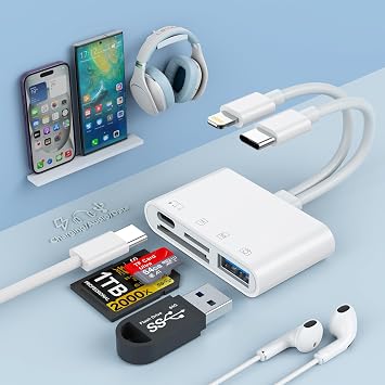 SD/TF Card Reader for iPhone/iPad,Multi 6-in-1 Lightning/USB C to SD+TF+USB A+Type CHeadphone/Charge/Data OTG Memory Card Adapter for iPhone 15 14/iPad/Samsung/Mac/Laptop/Camera Viewer/Flash Drive