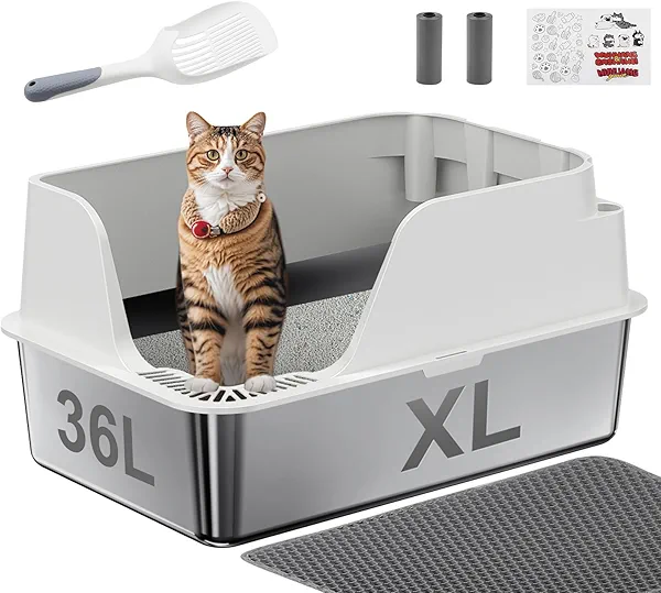 Non-Stick Stainless Steel Litter Box, XL Side Opening Splash-Proof & Leak-Proof Seamless Seal, Ellenpent Large Capacity, Cat Litter Box with Lid for Multi-Cats, Easy-Clean & Durable (White)
