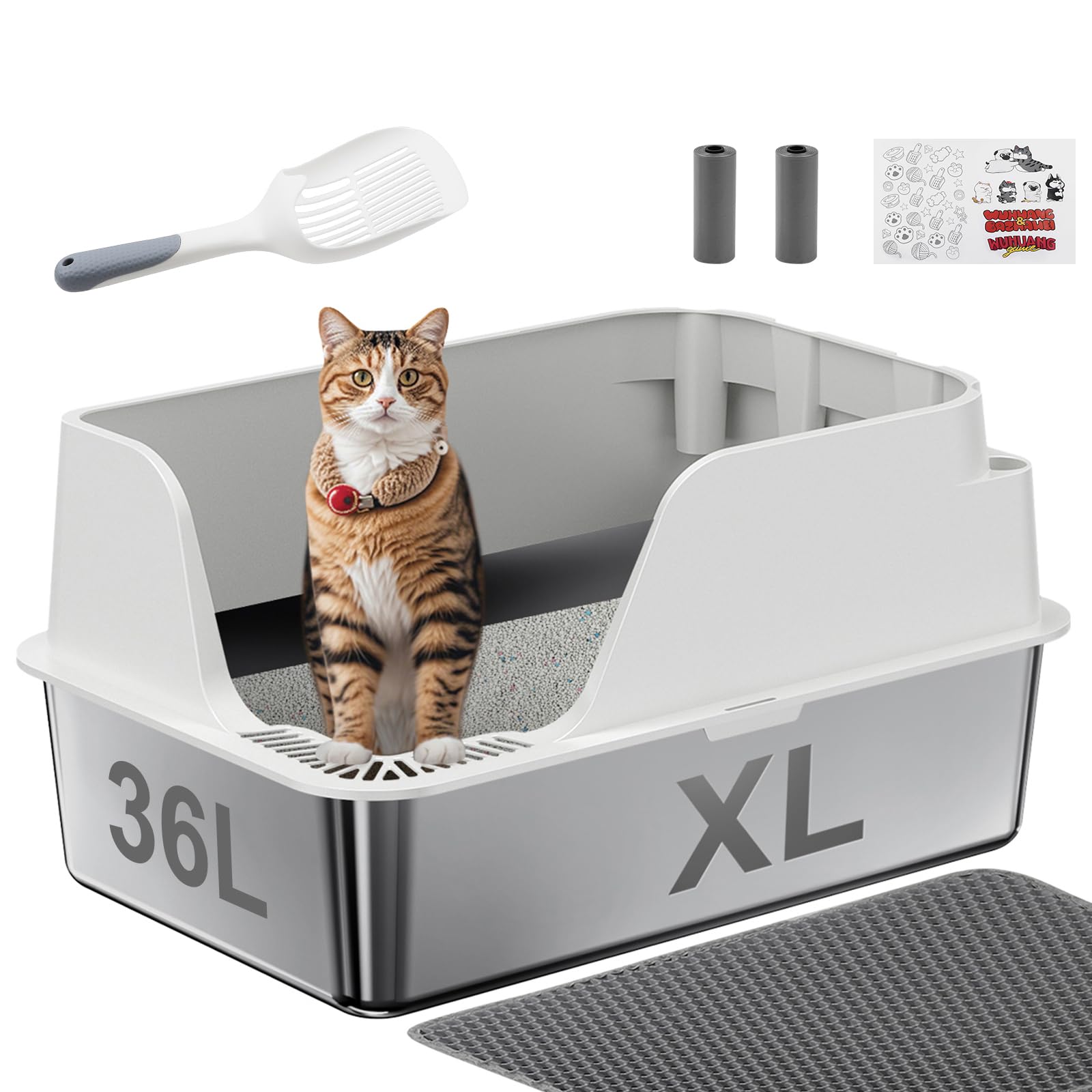 Non-Stick Stainless Steel Litter Box, XL Side Opening Splash-Proof & Leak-Proof Seamless Seal, Ellenpent Large Capacity, Cat Litter Box with Lid for Multi-Cats, Easy-Clean & Durable (White)