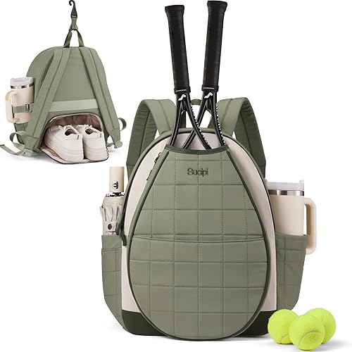 Miniatura 22 de Sucipi Bolsas de tenis para mujeres, Mochila bolsa acolchada para raqueta de tenis para raqueta de tenis, palas de pickleball, bádminton Verde