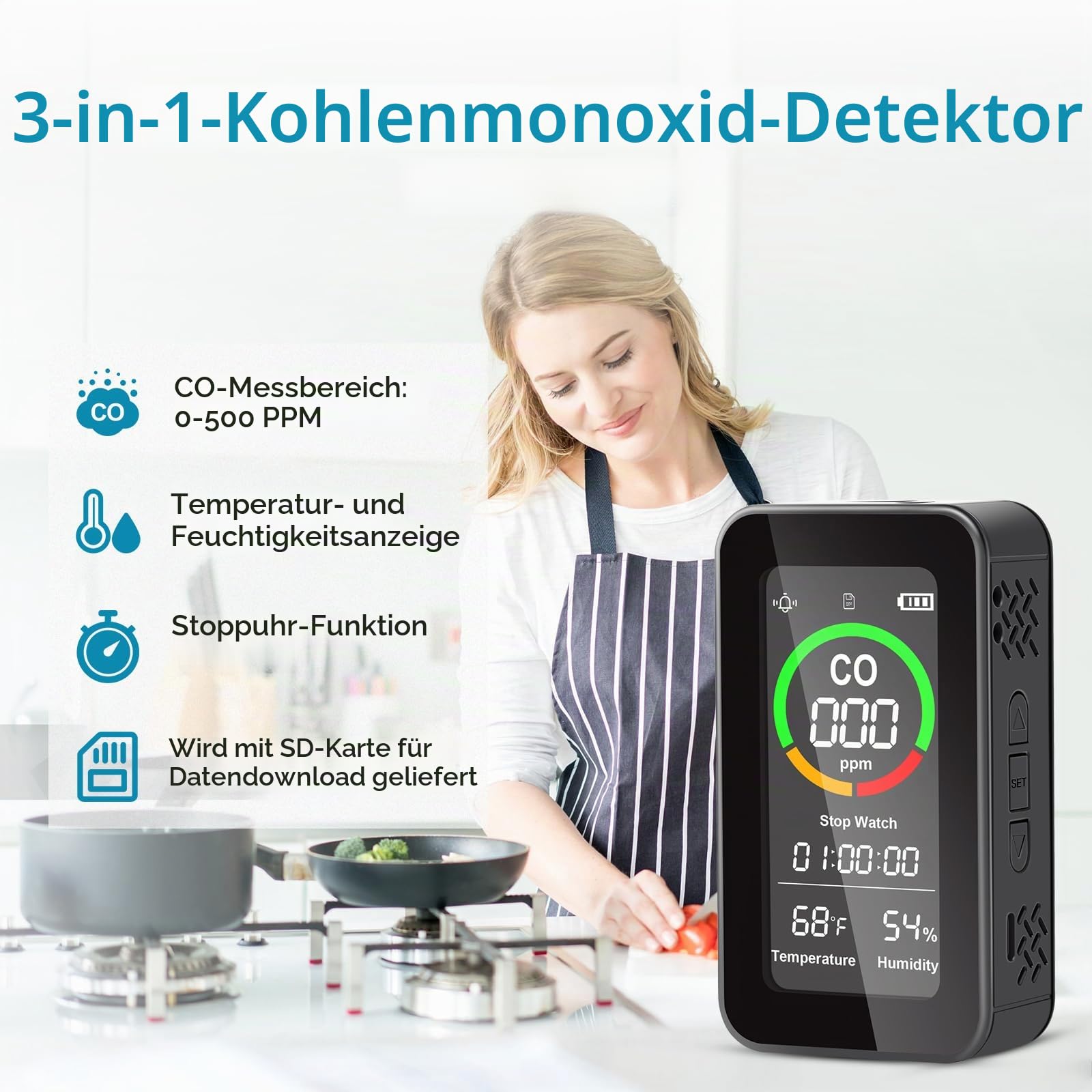 CF-9R kohlenstoffmonoxid melder, CO-detektor, Luftqualitätsmonitor mit akustischen und optischen Alarmen, Taschenlampe, Stoppuhr, Temperatur-Feuchtigkeitssensor für Zuhause, Reisen, Camping