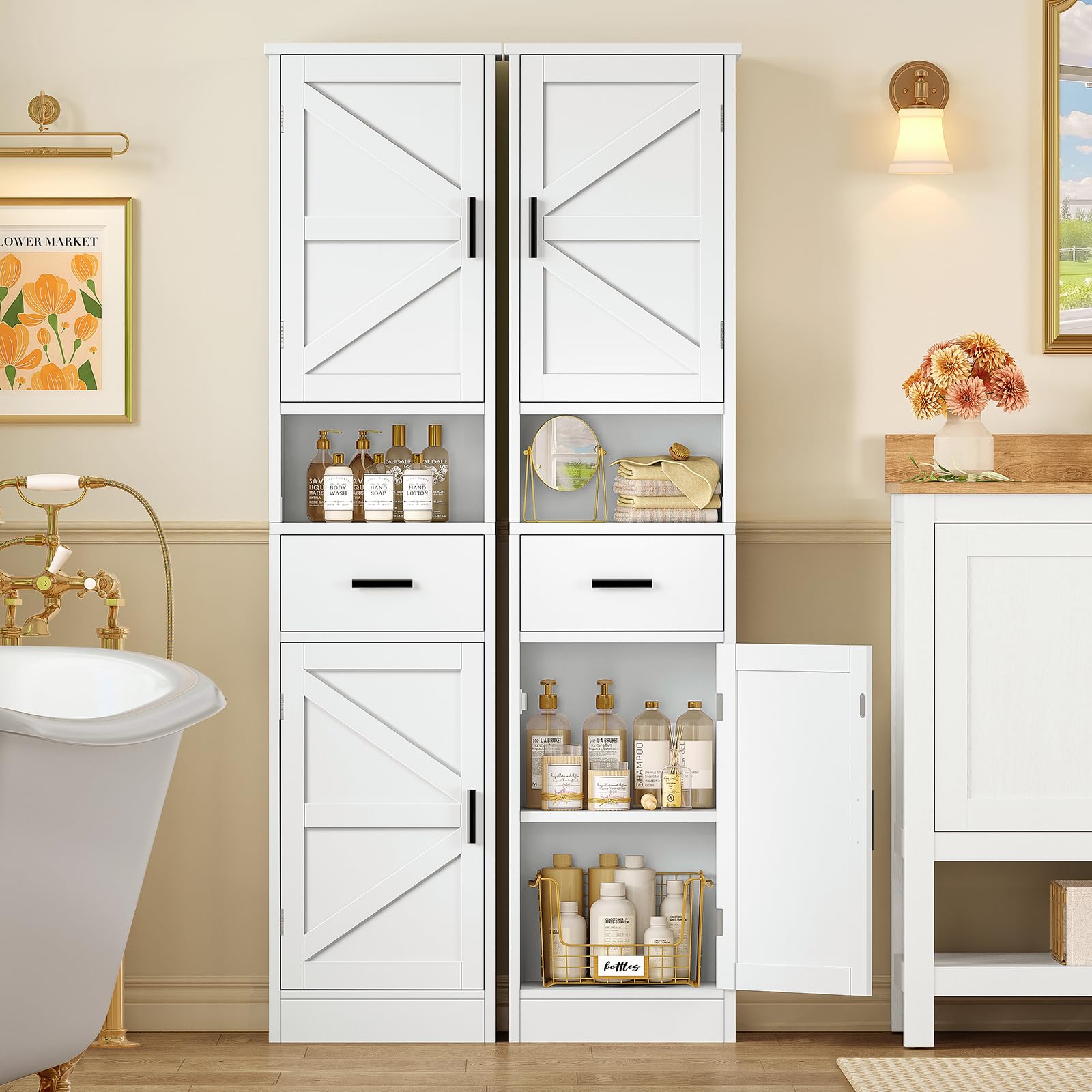 TEENFON Tall Bathroom Cabinet, Spacious 40cm Wide Freestanding Bathroom Storage Unit with 1 Drawer & Adjustable Shelves, Slim Space-Saving Tallboy for Bathroom, Hallway, Living Room, White Barn Doors