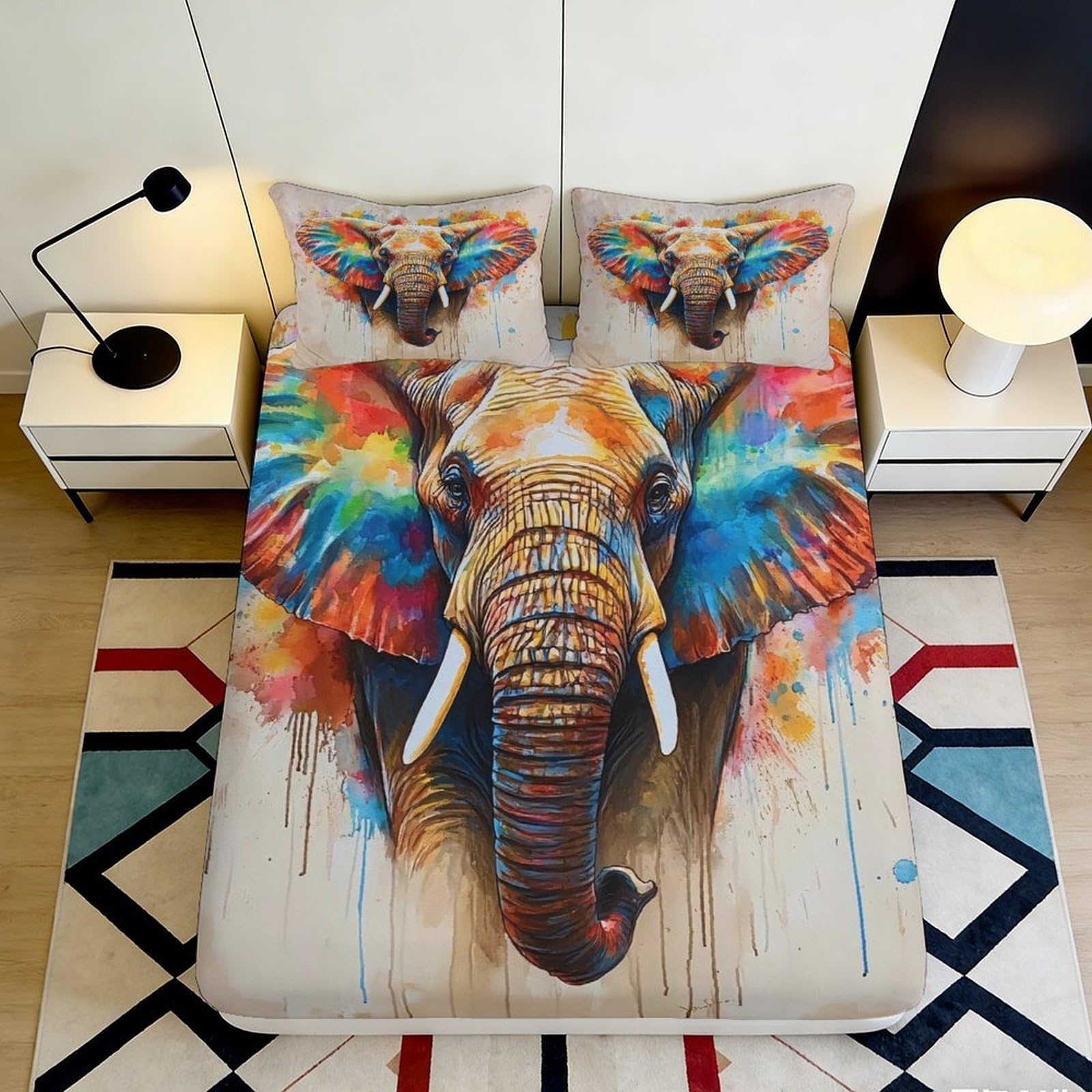 3D Printed Colorful Elephant Fitted Sheet Microfiber Soft Mattress Cover for Bedroom Dorm Artistic Animal Decor 90x200x25cm