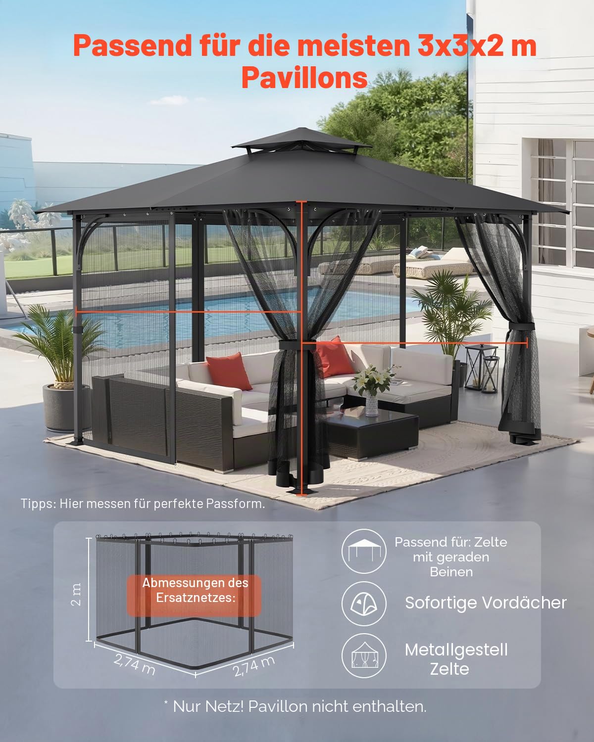 VEVOR Moskitonetz für Pavillon, Mückennetz-Ersatz, passend für 304,8x304,8x204,2 cm große Pavillons, Insektennetz, 4-teiliger Seitenwand-Pavillonvorhang, mit Doppelreißverschluss (NUR Netz)