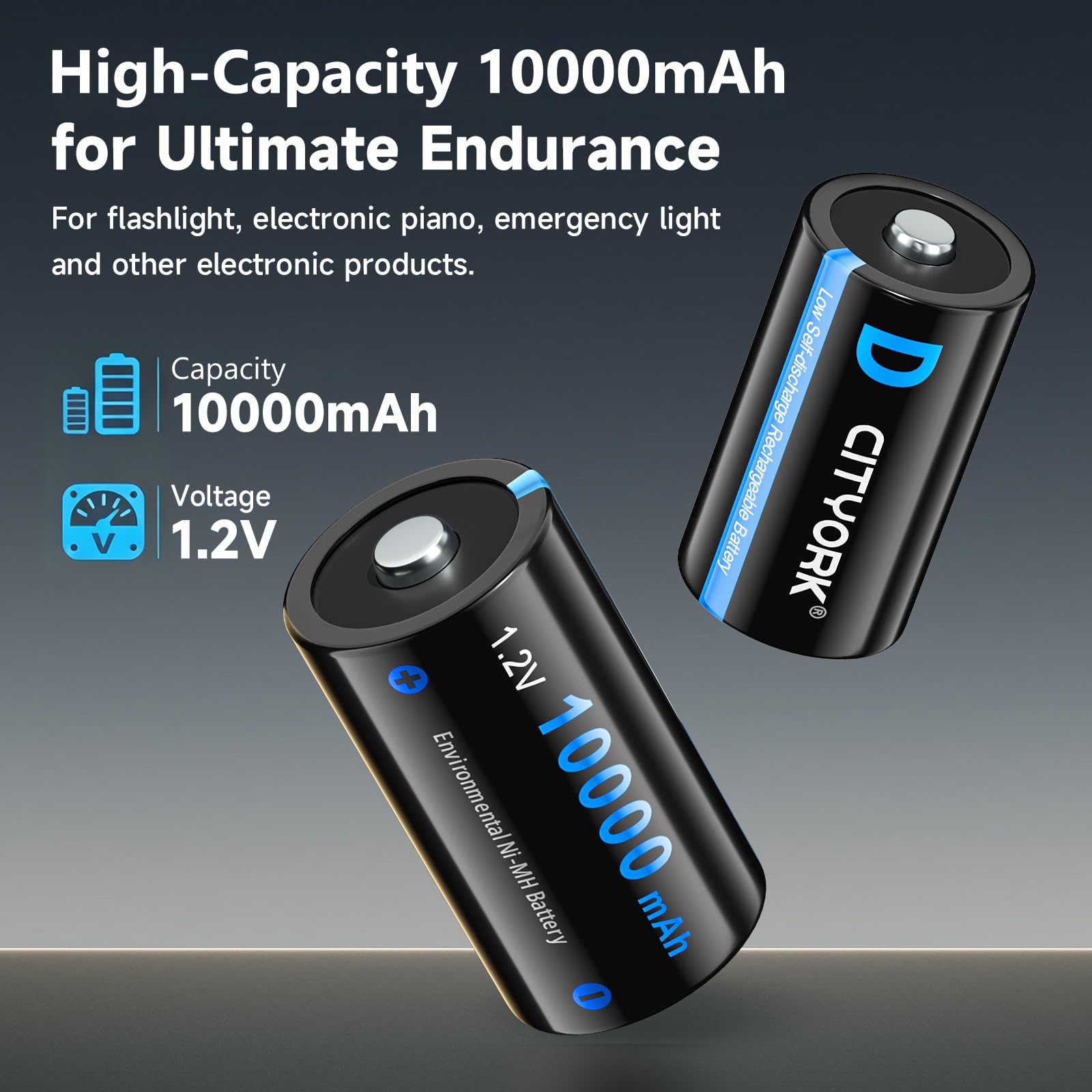 CITYORK Lot de 4 piles rechargeables Ni-MH 10 000 mAh avec 8 baies 1,2 V AA AAA C D LCD Chargeur de batterie universel