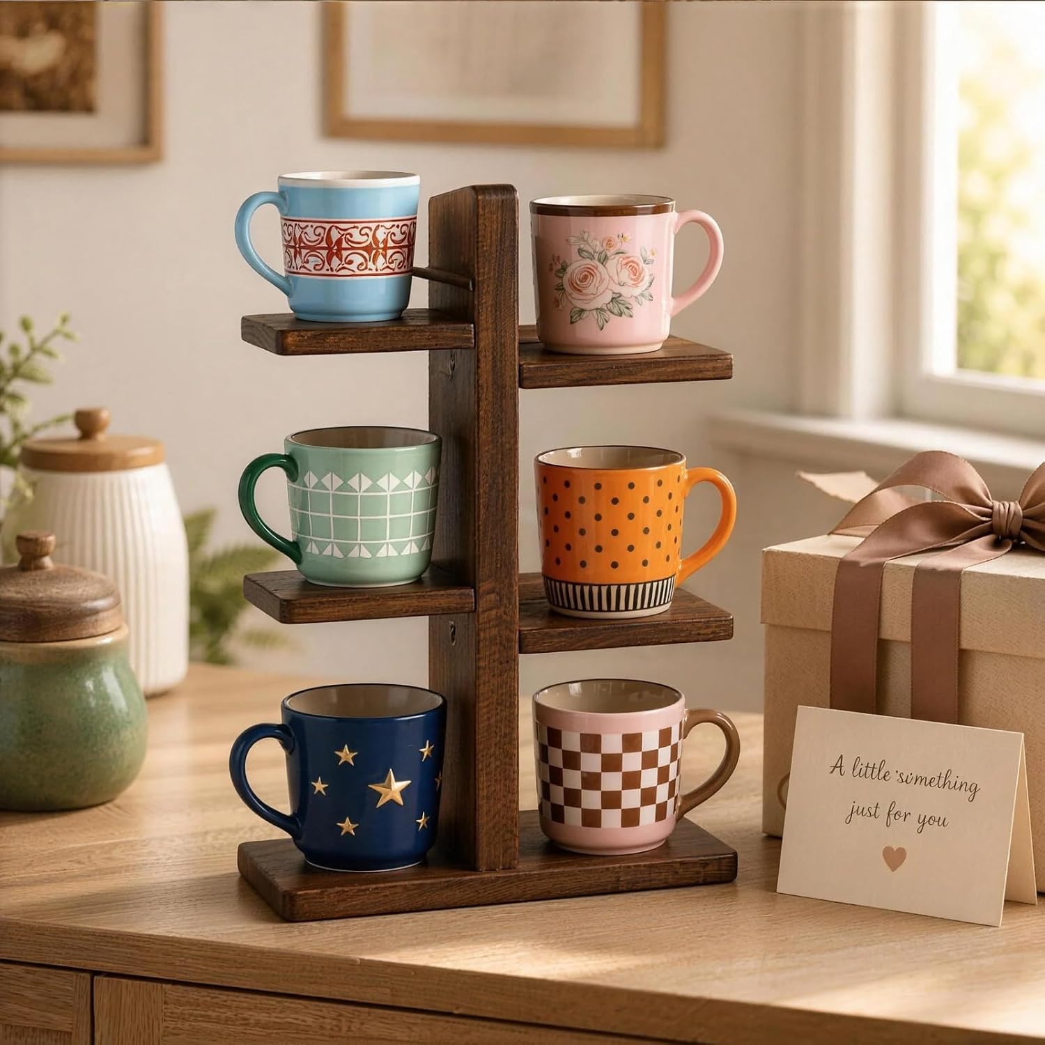 Wooden 3-Tier Countertop Coffee Mug Holder, Coffee Mug Display for Kitchen, Home & Café, Suitable for Storing Cups, Tea Cups & Small Items