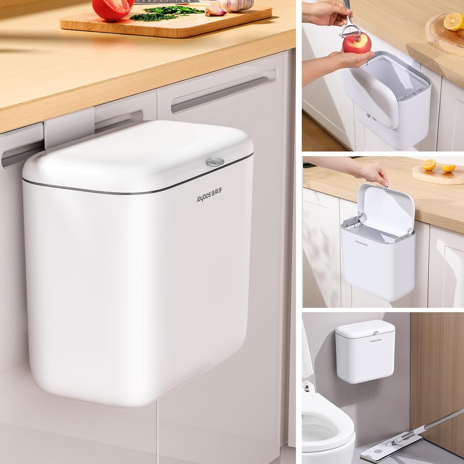 funest Hanging Trash Can 1.8Gal with Lid - Under Sink & Wall Mount Compost Bin, ABS Plastic Kitchen Waste Basket for Cabinet/RV/Bathroom (White)