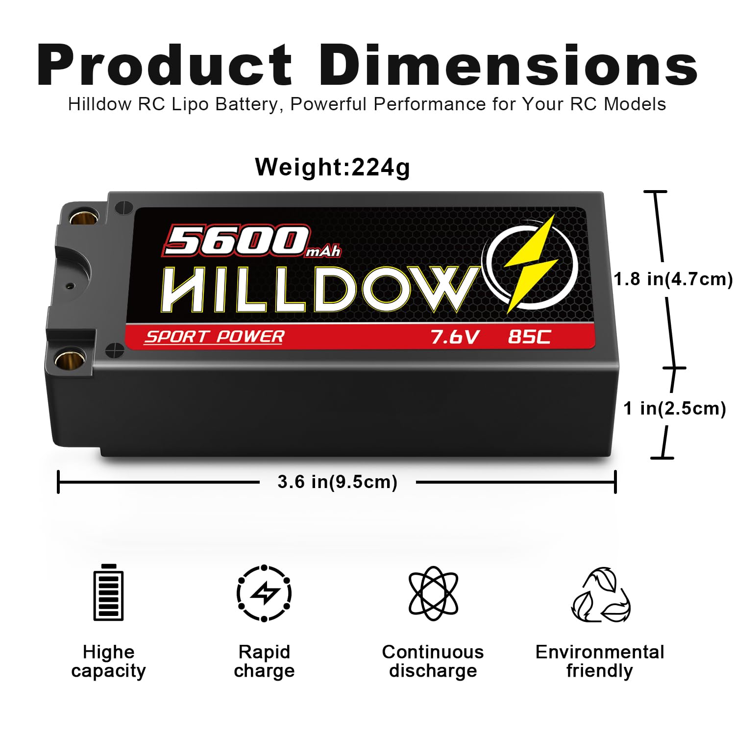 Hilldow 2S Shorty Batería Lipo De Alto Voltaje 7.6V 85C 5600mAh Para Vehículos RC Escala 1/10 - Conector EC3, Ligera Y De Alto Rendimiento, Pack De 2 Unidades
