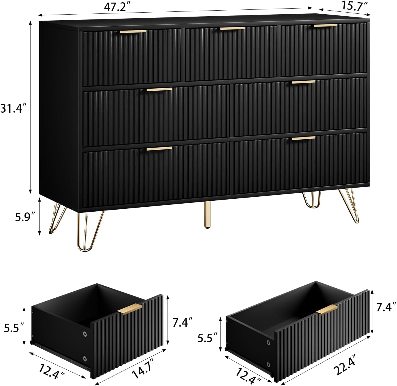 Dresser for Bedroom, Fluted Modern Dresser with Gold Pulls and 7 Drawers, 15.7" D x 47.2" W x 31.4" H, Black