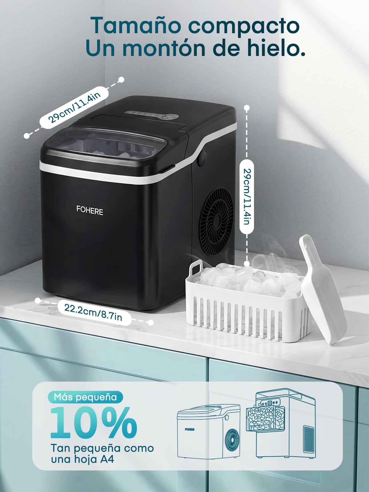 FOHERE Máquina de Hacer Hielo de Encimera, 9 Cubitos en 5 Min, Capacidad 14KG/24H, Máquina de Hielo Autolimpiable con Tapa Completamente Abrible, 2 Tamaños, para Casa, Cocina, Oficina, Camping