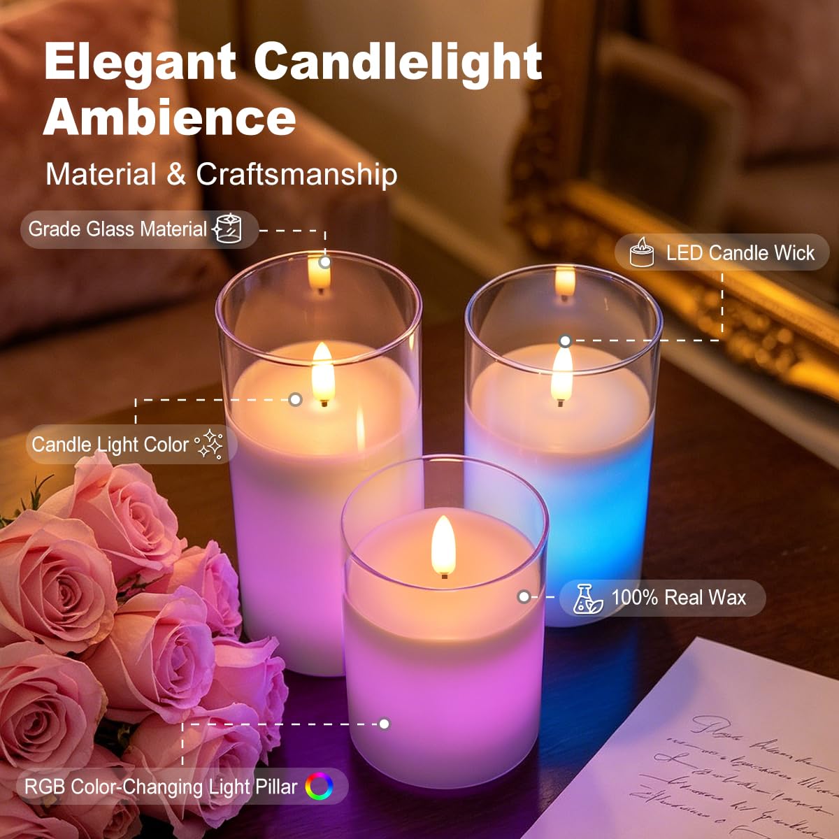 Wiederaufladbare RGB Flammenlose Kerze, Blinkende LED Stumpe Echtwachskerze mit Fernbedienung und Timer, Klarglas Elektronische Kerzen für Raumdekoration, 1 Set von 3