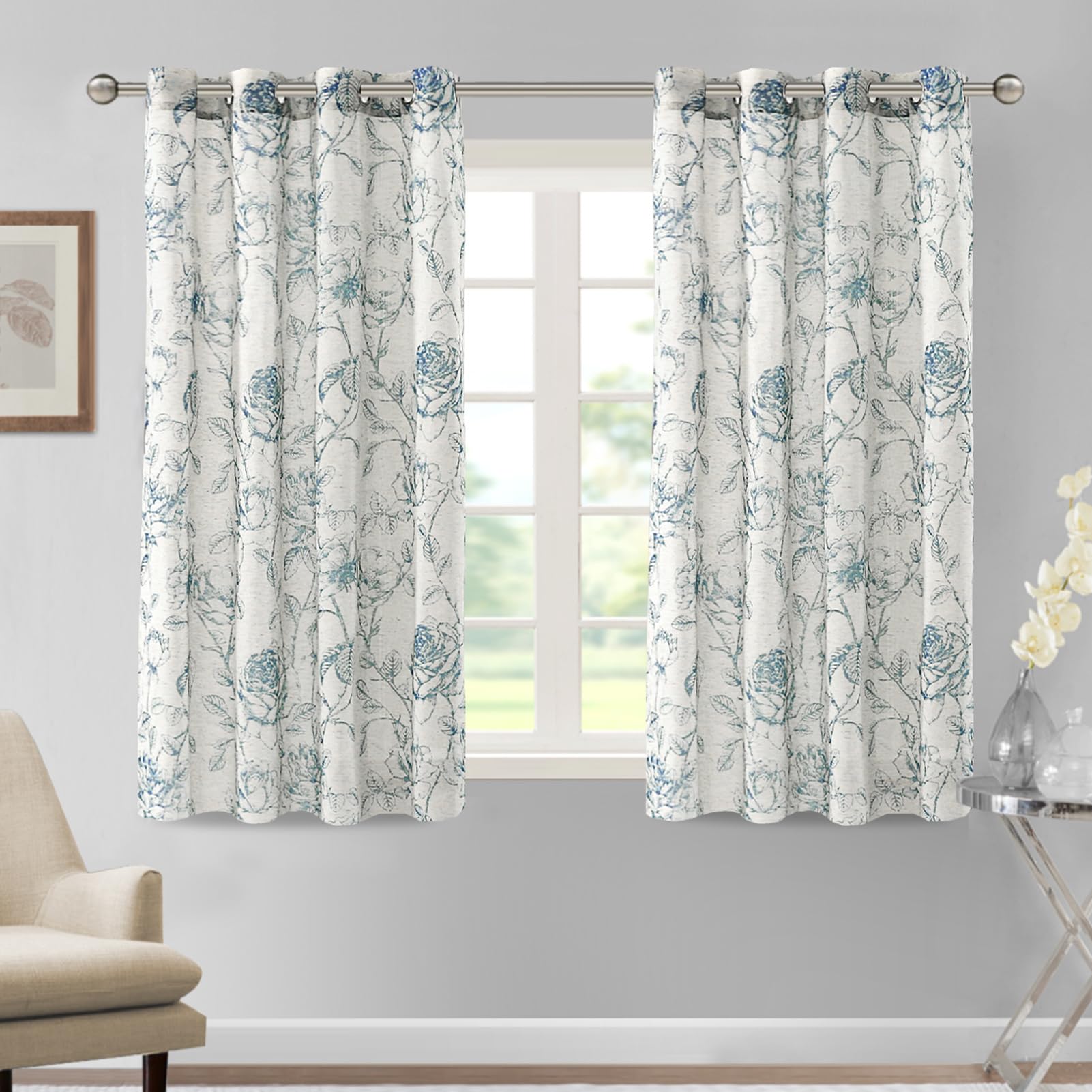 DEZYPZAM Floral Linen Semi Sheer Curtains, Light Filtering Privacy Window Curtains, Semi Sheer Window Curtain Drapes for Living Room/Bedroom (Gray Blue,52 x 54 inch)