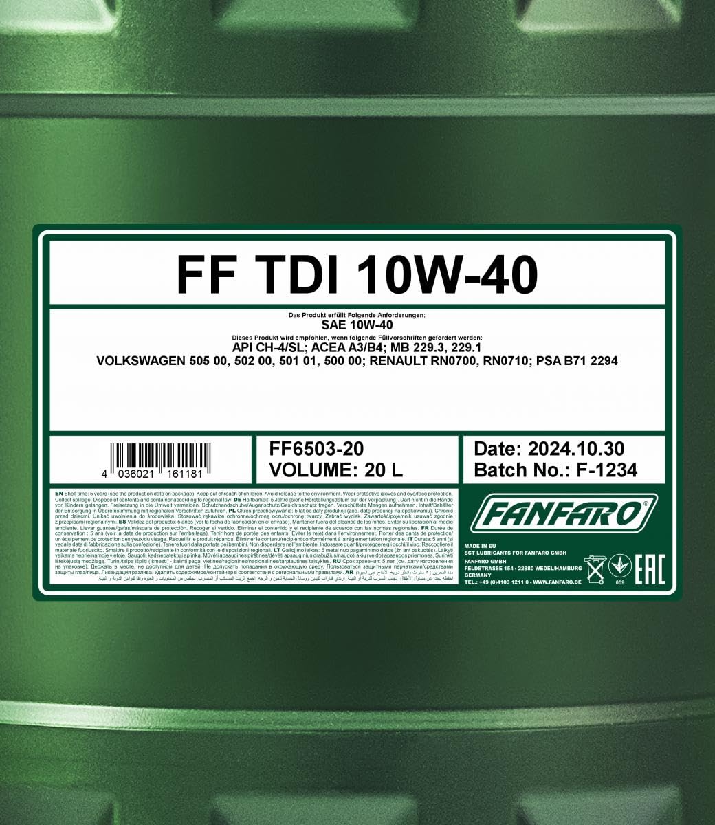 1 x 20L FANFARO TDI 10W-40 / Olio motore per motori diesel 505.00/501.01
