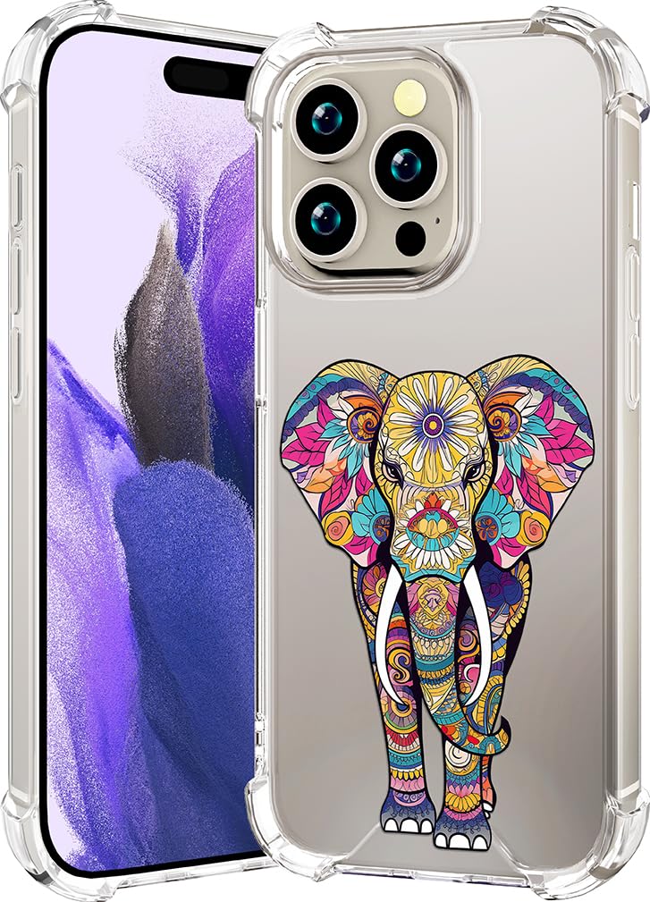 Compatible with iPhone 16 Pro Case Clear Cute for Women - Rugged Phone Case Funda Protector Cover Skin para 16 Pro (Elephant Floral Design Artistic Cheerful)